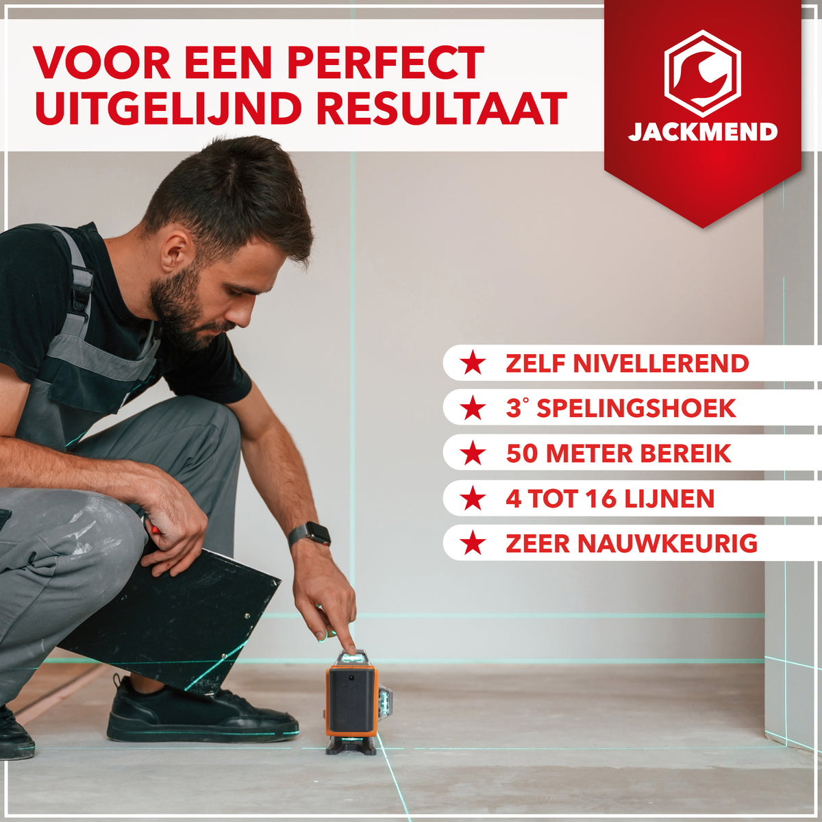 JACKMEND 4D-Kreuzlinienlaser mit 5,5-m-Stativ, 4 bis 16 Linien – 50 Meter Messbereich