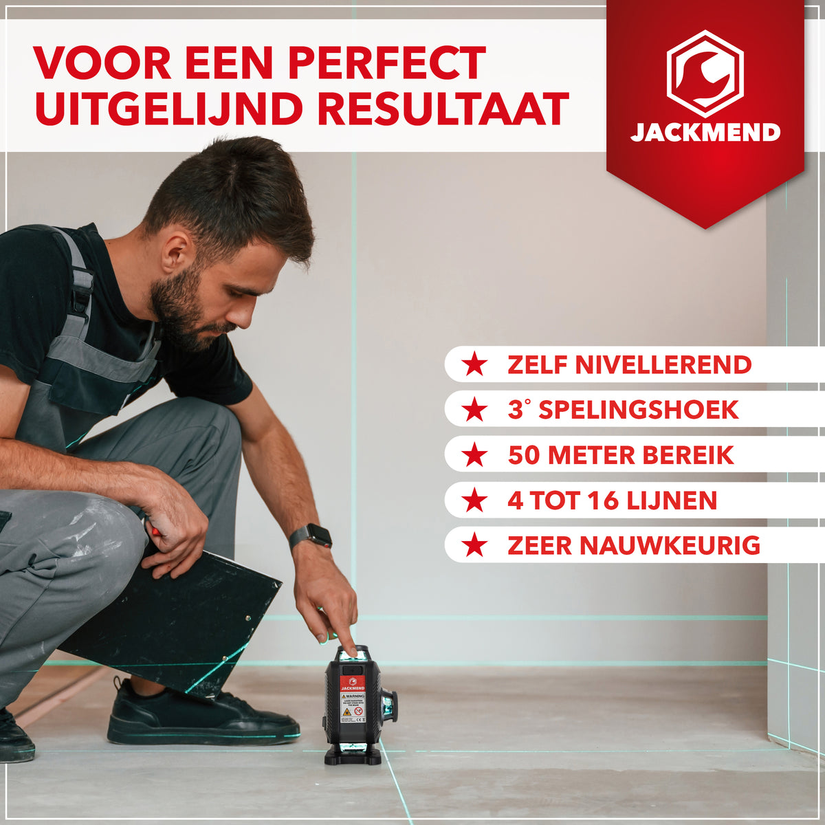 JACKMEND 4D Kruislijnlaser USB-C Oplaadbaar Digitaal Display Inclusief Statief - 50 Meter Meetbereik